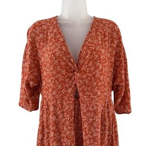 Peach Love California Dress Womens Large Orange Floral Boho Twist Front Cutout